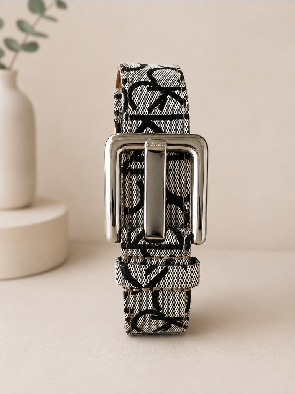 Calvin Klein Black & White Logo-Patterned Men's Belt with Silver Buckle